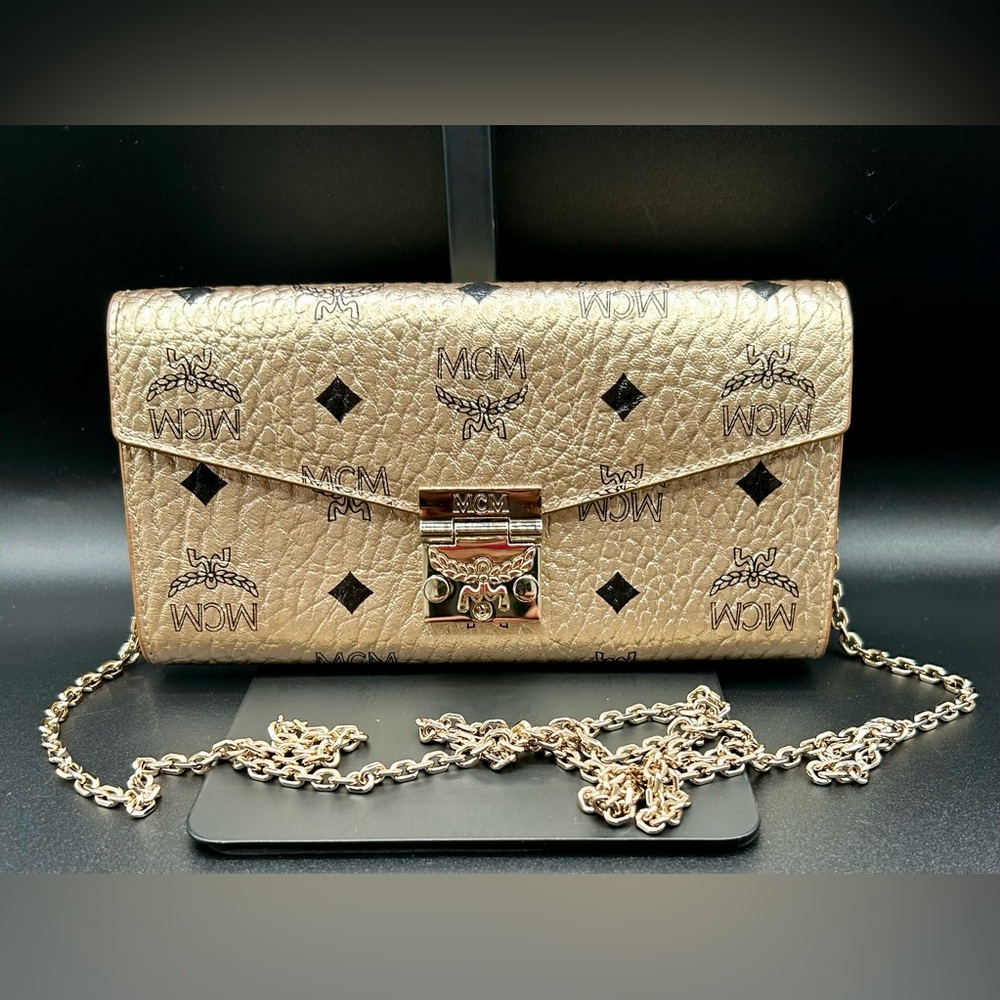 MCM  Metallic Visetos Patricia Crossbody Wallet in Gold.